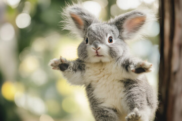 Obraz premium Adorable Fantasy Hybrid Creature Floating in a Magical Forest with Fluffy Fur and Playful Expression – Generative AI