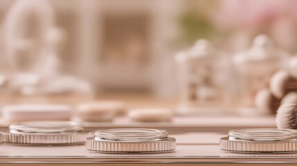 cosmetic startup branding Close-up of stacked coins and makeup brushes on a table with blurred background beauty influencer marketing strategy