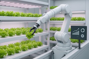 Smart robotic arm harvesting fresh lettuce in an indoor vertical farming setup with hydroponic technology and automated crop monitoring system.