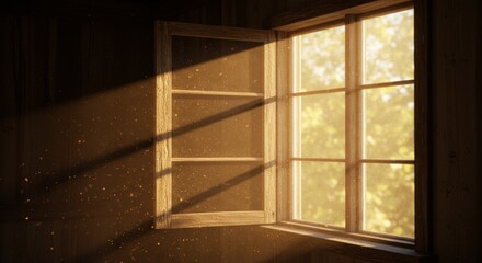 A rustic wooden-framed window partially open with sunlight streaming in, highlighting the dust and creating a diagonal light beam across the room