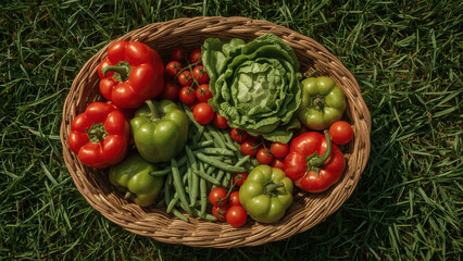 basket of vegetables in grass