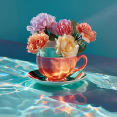 Floating tea cup filled with fresh blooming flowers in glowing blue water scene