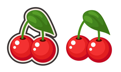 Cherry. Two cherries and a leaf. Vector clipart isolated on white background.