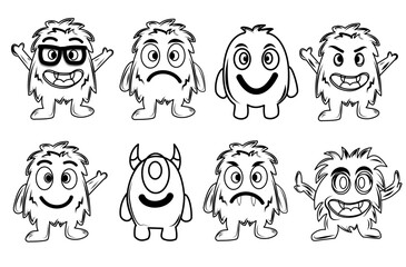 A collection of black and white monster icons with various expressions and shapes. Ideal for user interfaces, stickers, or design materials that require expressive characters yet remain minimalist 