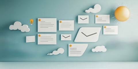 Productivity Tools management minimalist concept. Creative wall design with notes and clock elements against a blue background.