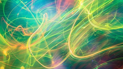 Green light trails dance across an abstract backdrop painting it with colorful luminescence