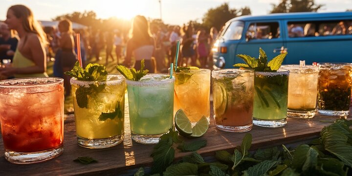 Sunset Cocktails Festival Crowd. - Powered by Adobe