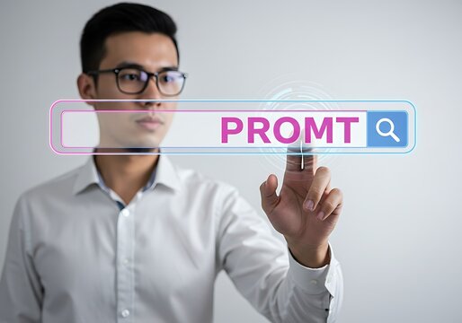 Man interacting with a search bar displaying the word promt