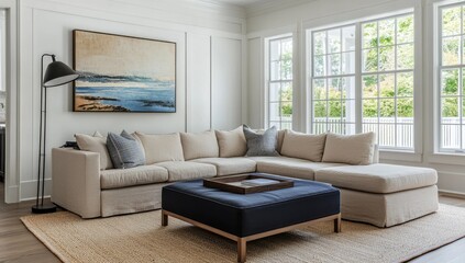 Fototapeta premium Light-filled living room with beige sectional sofa, navy ottoman, and large abstract art