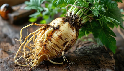 Fototapeta premium Freshly pulled parsnips with tangled roots on rustic wooden surface for botanical study with copy space