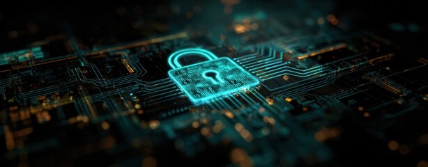 The digital lock symbolizing cybersecurity on a futuristic circuit board.