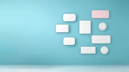 Productivity Tools management minimalist concept. Minimalist wall display with various shapes and sizes on a soft blue background.