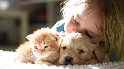 Sleeping kitten and puppy cuddled with blonde child. Peaceful moment of child and pets resting together. Orange tabby and light dog napping with toddler. - Powered by Adobe