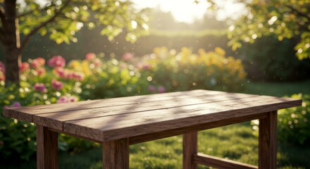Fototapeta premium A rustic wooden table in an outdoor garden setting, dappled sunlight filtering through overhead tree leaves