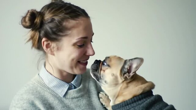 Playful French bulldog licking woman's cheek. Woman with space buns laughing with small dog. Minimalist gray background pet interaction.