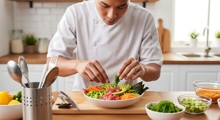 Asian chef artfully prepares a healthy poke bowl with fresh ingredients indoors