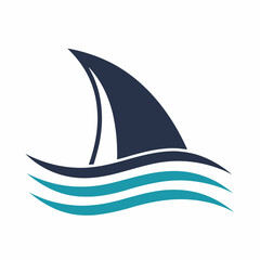 Abstract Dark Blue Sailboat on Teal Waves on White Background