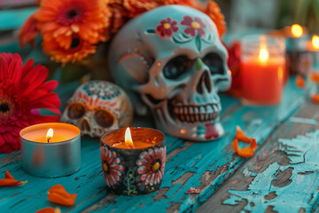 Decorated sugar skulls with marigold flowers and candles for Mexican Day of the Dead, cinco de mayo, celebration altar ritual, generative ai