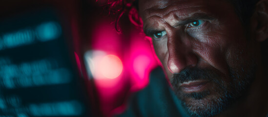 Man typing on a laptop with cybersecurity code displayed, focused on digital protection.