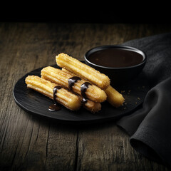Traditional Spanish churros with melted chocolate