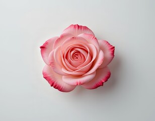Una delicada rosa que florece en el centro de un fondo blanco nítido, sus pétalos son una suave mezcla de tonos rosados y rojos