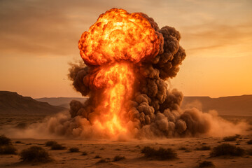 War in desert, explosion with fire and smoke clouds.    Nuclear blast in arid environment. Sandy desert, sunse landscape. t.Power of detonation and destruction.