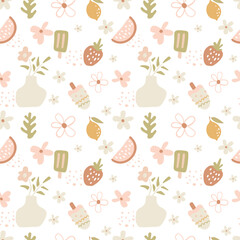 Cute Summer Fruit and Floral Seamless Pattern
