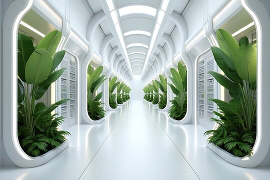 Futuristic White Corridor with Lush Green Tropical Plants in Modern Server Room Recessed Planters Brightly Lit Long Perspective View
