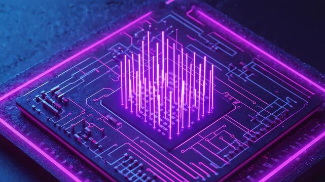A glowing neon microchip with vertical light beams represents futuristic computing, digital processing power, and next-generation electronic technology.