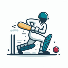 Cartoon cricket player batting with helmet pads bat stumps and ball in a stylized drawing