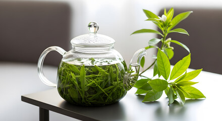 Aromatic Green Tea Infusion Experience the Refreshing Essence of Fresh Leaves in a Clear Teapot, a Subtle Brew, with Herbal Tea Potions.