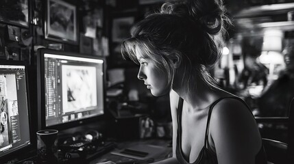 Young woman graphic designer working at home office editing photos on computer software