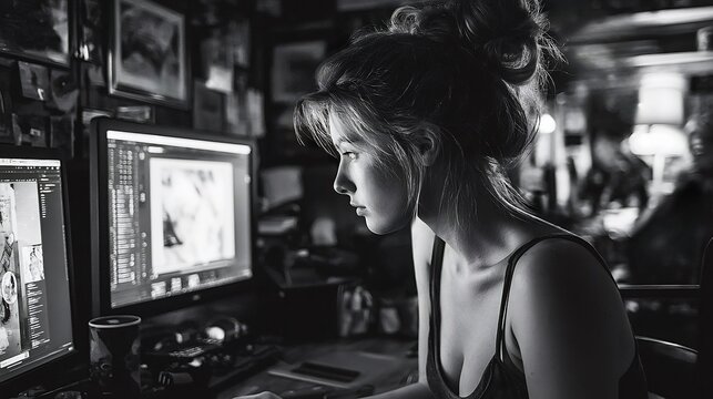 Young woman graphic designer working at home office editing photos on computer software