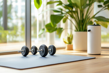 Dumbbells resting on a yoga mat in a bright, indoor home gym space with plants and natural light