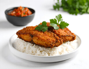 Fish Fillet on Top of White Rice with Sambal on the Side