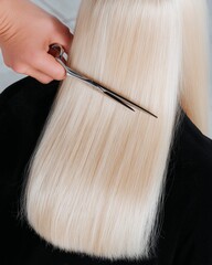 Hairdresser’s hands with scissors styling blonde woman’s luxurious hair