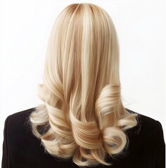Blonde woman with luxurious hair standing back to camera on white background
