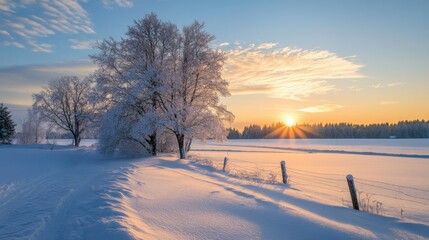 Snowy winter landscape at sunrise with frosted trees.