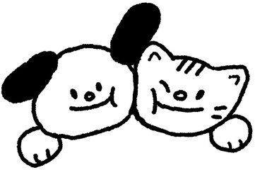 강아지 고양이 함께 있는 흑백 라인 드로잉