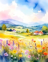 Vibrant watercolor field of flowers with rolling hills in the background of the countryside