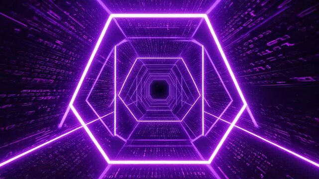 A glowing neon hexagonal tunnel with digital code, symbolizing futuristic technology, cyberspace, data flow, and virtual reality. - Powered by Adobe