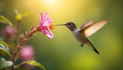 Fototapeta premium In a gentle sunlight, a hummingbird is sipping nectar from a pink flower.