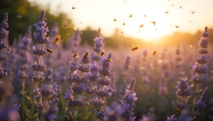 Obraz premium In the warm light, bees fly over a lavender field in search of nectar.