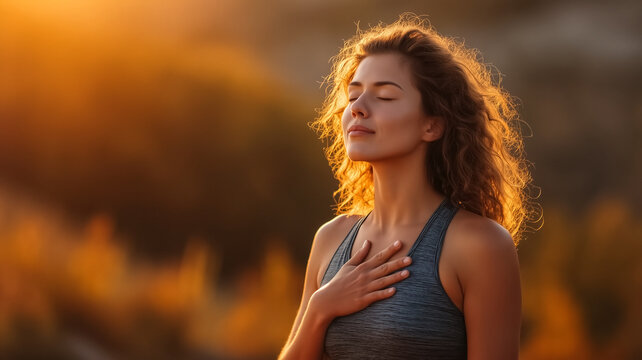 A woman breathes deeply with her hand on her chest during sunset outdoors