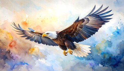 Fototapeta premium Majestic eagle flying high above the ground in a bright blue sky in a stunning watercolor