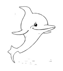 Cartoon dolphin in black  white smiling above water