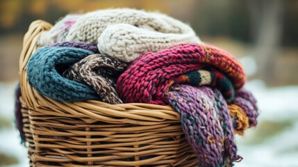 Knitted textiles piled high in a woven basket.