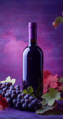Wine Bottle with Grapes and Leaves on Purple