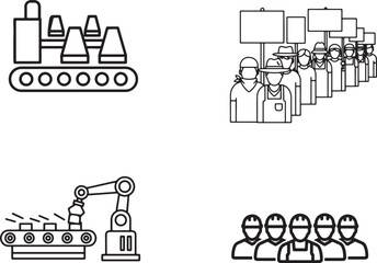 Industrial Revolution Concept Vector Icons Featuring Automation, Factory Workers, Labor Protest and Robotic Manufacturing for Modern Industry, Employment, and Labor Rights Themes – Line Style 