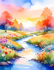 Beautiful landscape featuring a stream and colorful flowers captured in watercolor art